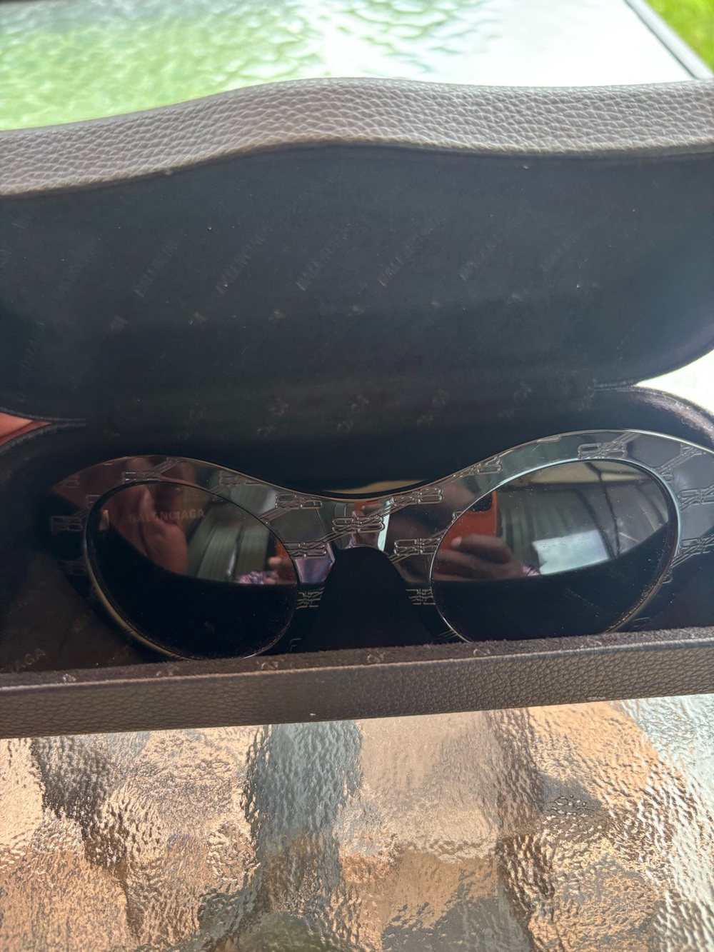 Black Oval Balenciaga Sunglasses with Patterned Frame